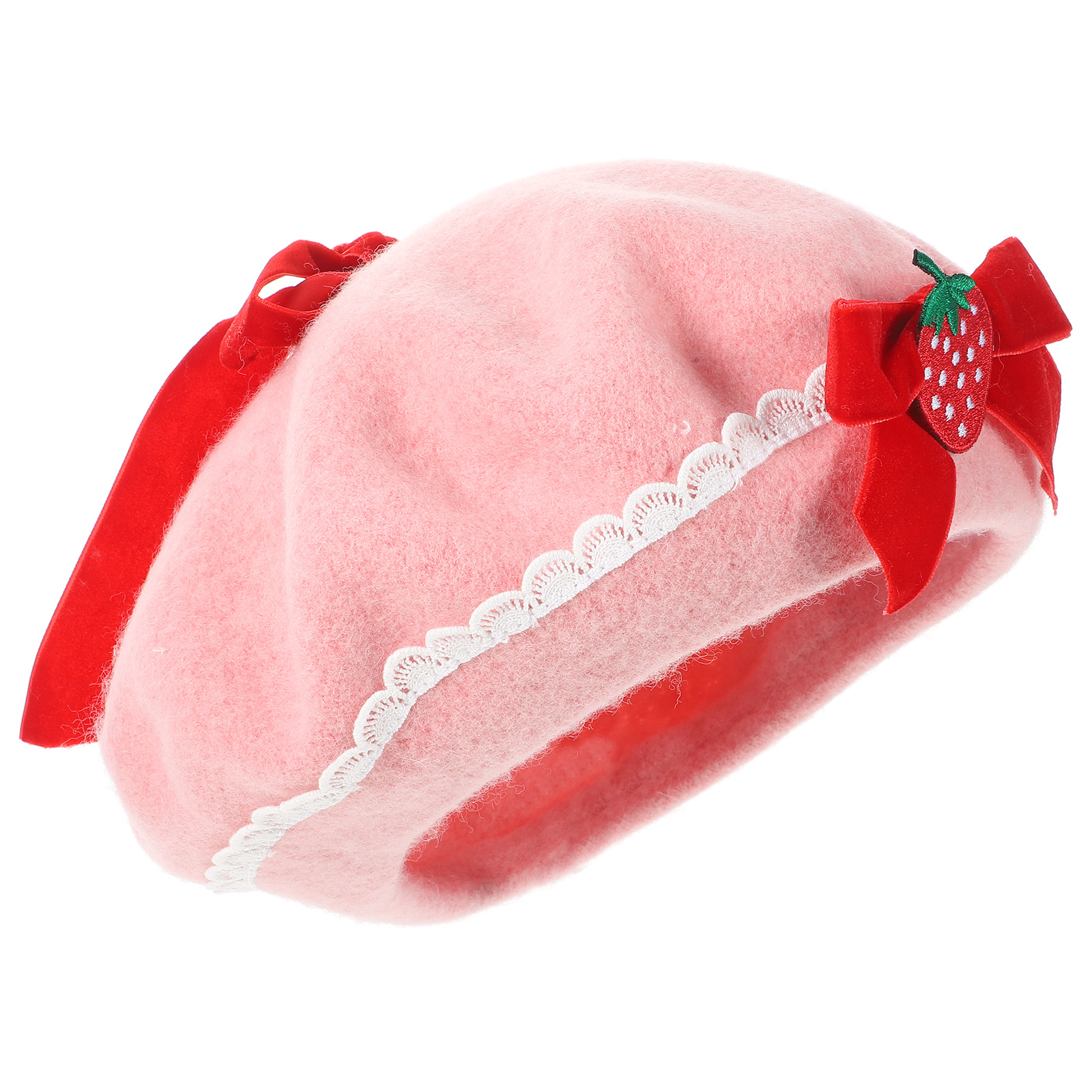 Amosfun Wool Beret Hat Strawberry Bowknot Beret French Style Beret